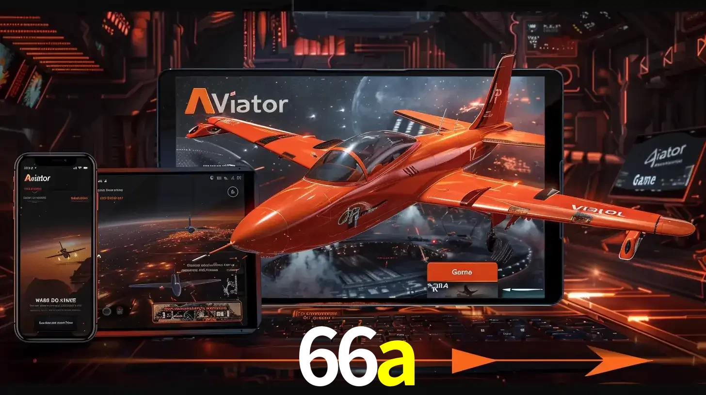 Apresentação tecnológica do jogo Aviator com um avião saindo da tela de um tablet, demonstrando a experiência imersiva em múltiplos dispositivos no 66a.