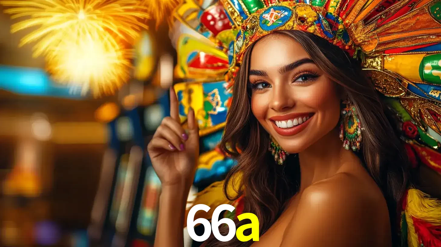 Mulher sorridente com um cocar de carnaval vibrante e colorido, celebrando uma grande vitória nos jogos do cassino 66a com fogos de artifício ao fundo.