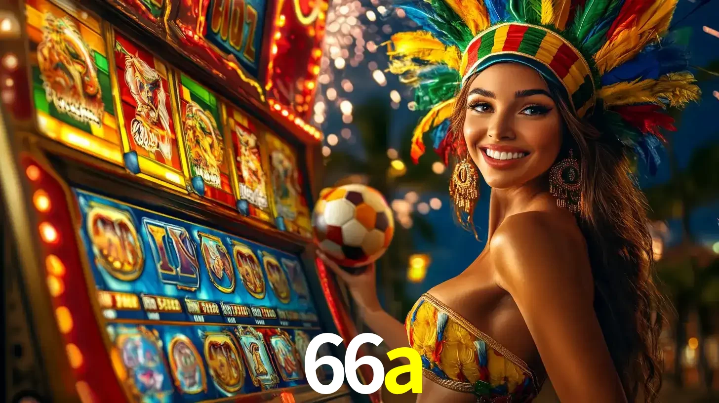 Mulher com um cocar de carnaval ao lado de uma máquina de caça-níqueis enquanto segura uma bola de futebol, mostrando a união da diversão de cassino e esportes no 66a.