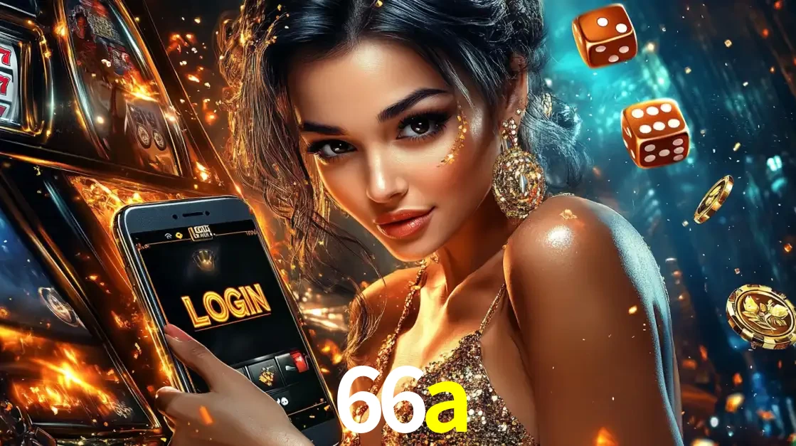 Mulher glamourosa segurando um celular com a tela de login do cassino 66a, rodeada por dados e moedas douradas, pronta para começar a diversão.