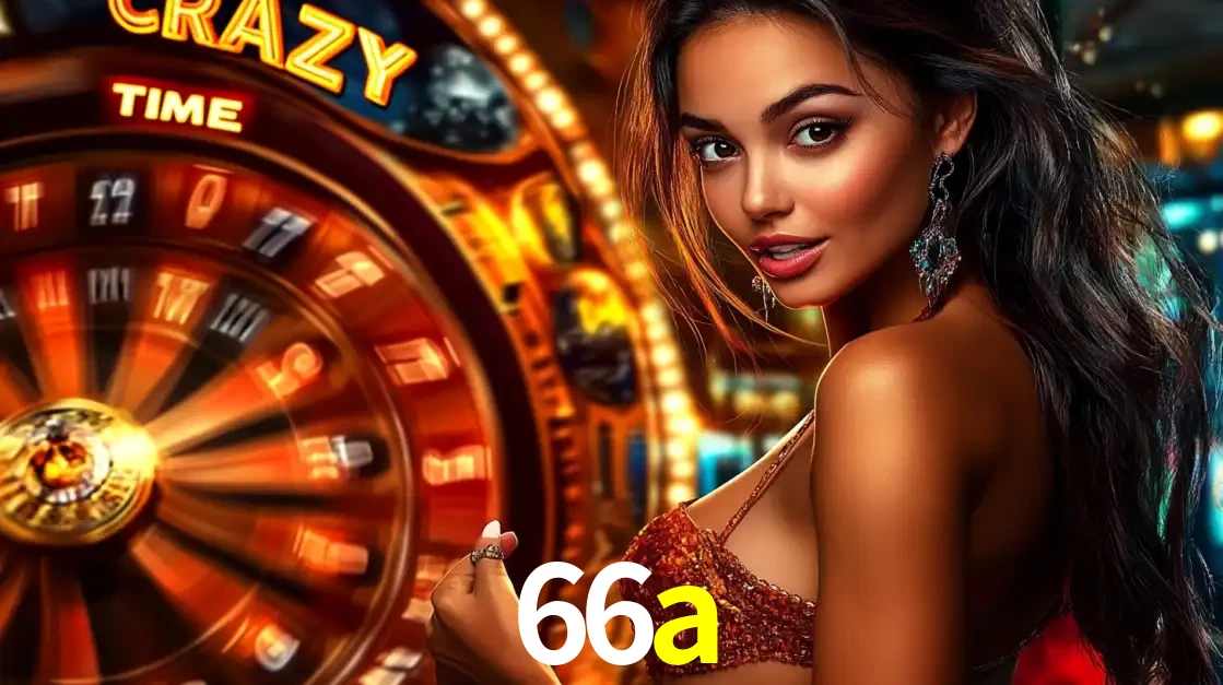 Mulher ao lado da roda de prêmios do jogo de cassino ao vivo Crazy Time, um dos shows de jogos mais emocionantes oferecidos pela plataforma de apostas 66a.