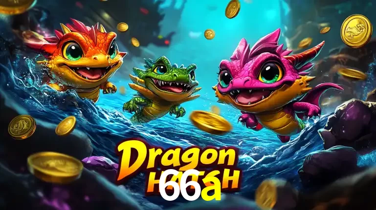 Arte promocional do jogo Dragon Hatch com três adoráveis dragões bebês nadando entre moedas de ouro, um dos slots mais divertidos para jogar no cassino 66a.
