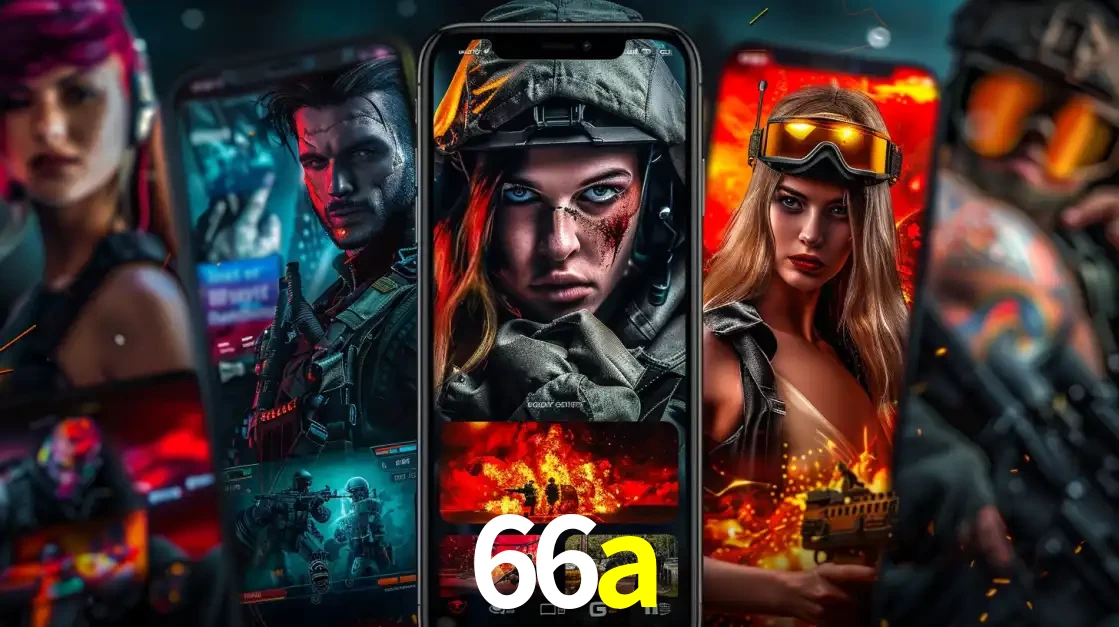 Montagem de telas de celular mostrando diversos personagens, masculinos e femininos, de um jogo de tiro, ilustrando a diversidade de equipes de e-sports para apostar no 66a.