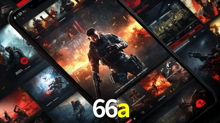Tela de um celular exibindo uma galeria de jogos de tiro com temática militar, mostrando a variedade de e-sports disponíveis para apostas na plataforma de entretenimento 66a.