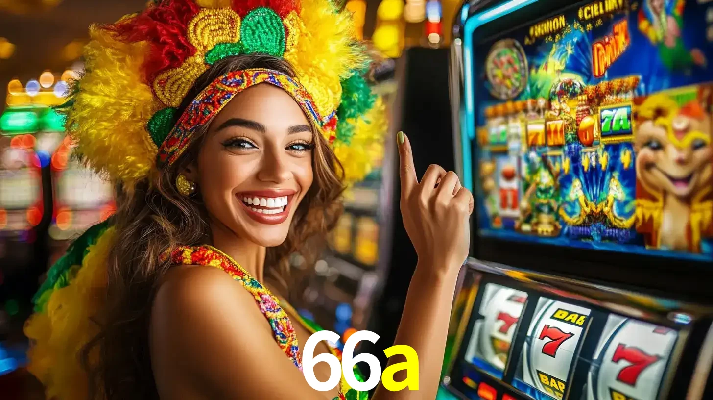 Mulher animada com um cocar de carnaval apontando para uma máquina de caça-níqueis, mostrando a emoção de ganhar um grande prêmio nos jogos do 66a.