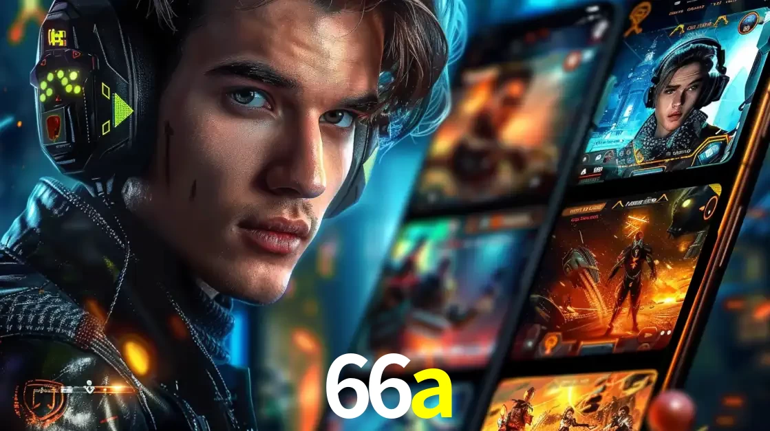 Jovem jogador com fones de ouvido olhando para a câmera, com um aplicativo de jogos e e-sports para celular ao fundo, pronto para a competição e apostas no 66a.
