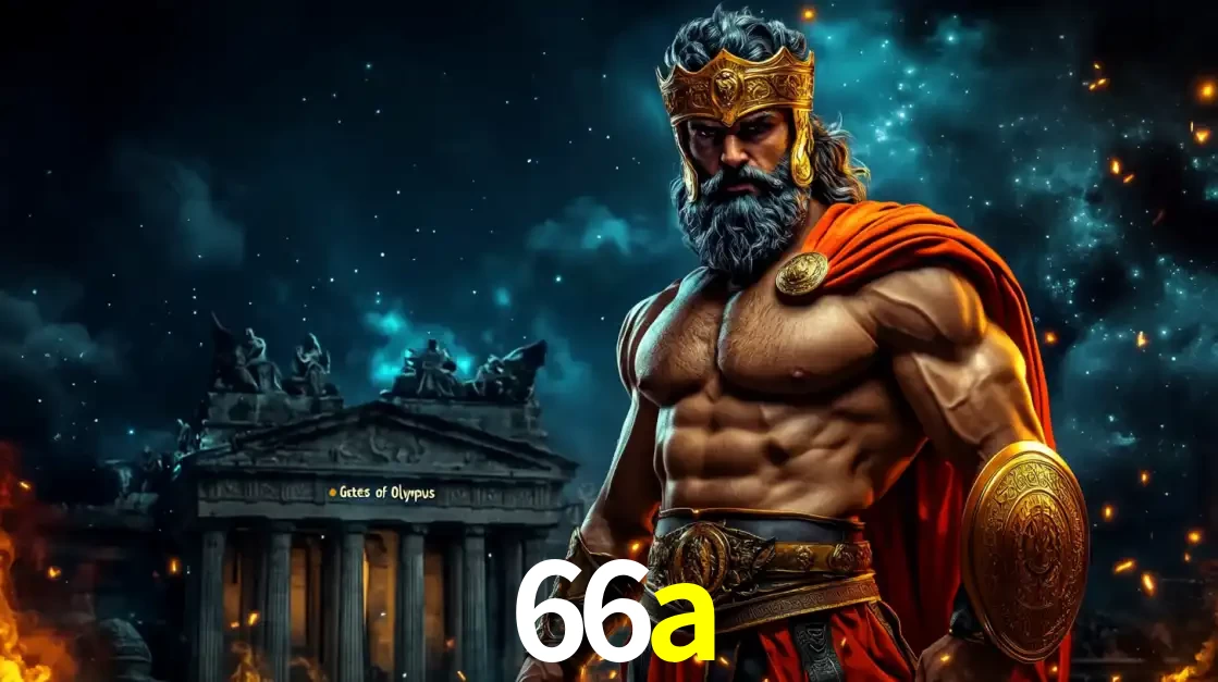 O poderoso Zeus do jogo de slot Gates of Olympus em frente ao seu templo, pronto para lançar multiplicadores divinos e prêmios épicos no cassino online 66a.