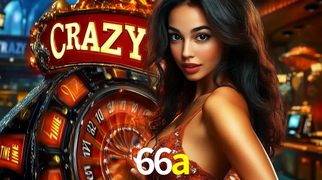 Mulher glamourosa olhando para a câmera com a roda vermelha do Crazy Time ao fundo em um ambiente de cassino, destacando a emoção dos jogos ao vivo no 66a.