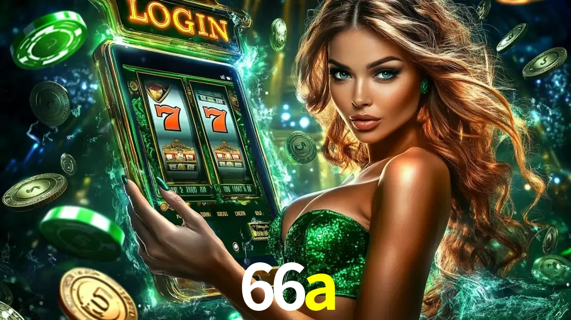 Mulher com tema verde apresentando o aplicativo do cassino 66a com um jogo de slot de 777, cercada por fichas de cassino e uma aura de sorte.
