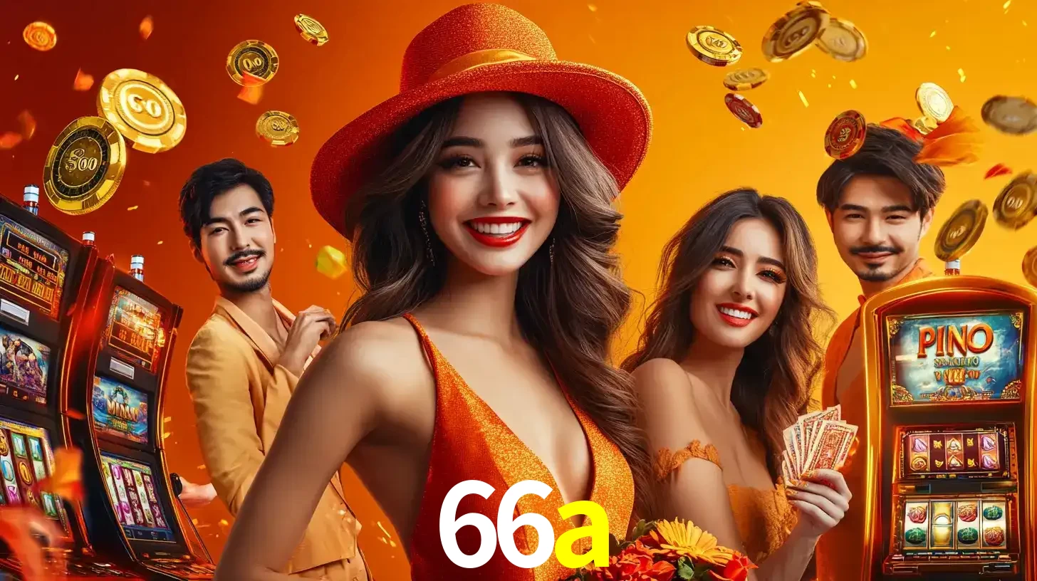Grupo de amigos asiáticos sorrindo e se divertindo com máquinas de caça-níqueis em um ambiente festivo, celebrando suas vitórias nos jogos de cassino do 66a.