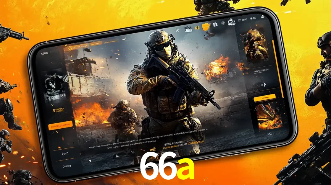 Um smartphone exibindo a interface de um jogo de tiro em primeira pessoa, com um soldado em um cenário de batalha, representando a ação dos e-sports para apostar no 66a.