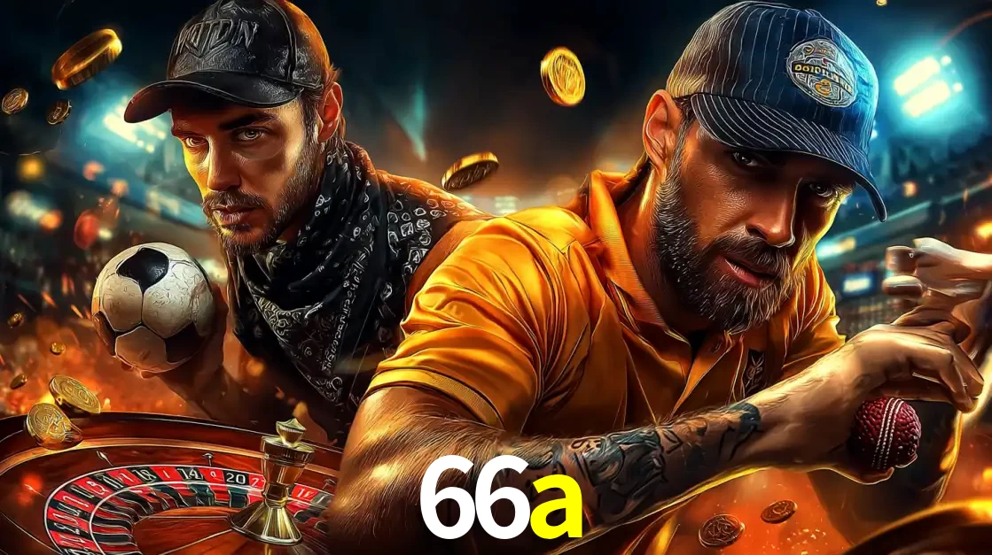 Montagem de apostas esportivas e cassino no 66a, com um homem segurando uma bola de futebol e outro uma de beisebol sobre uma roleta e moedas voadoras.
