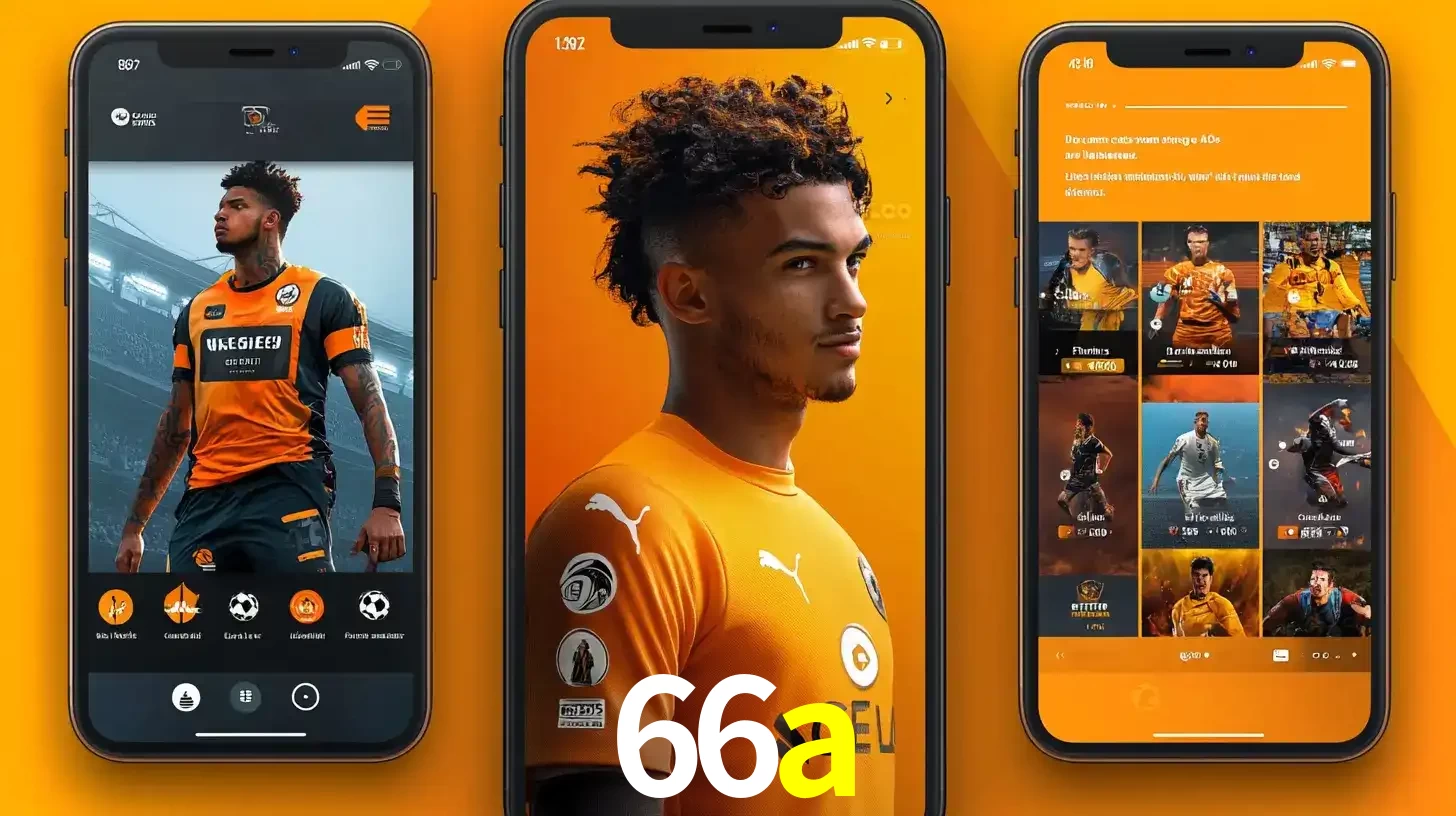 Interface do aplicativo de apostas esportivas 66a em três telas de celular, mostrando o perfil de um jogador de futebol e a lista de jogos disponíveis para apostar.