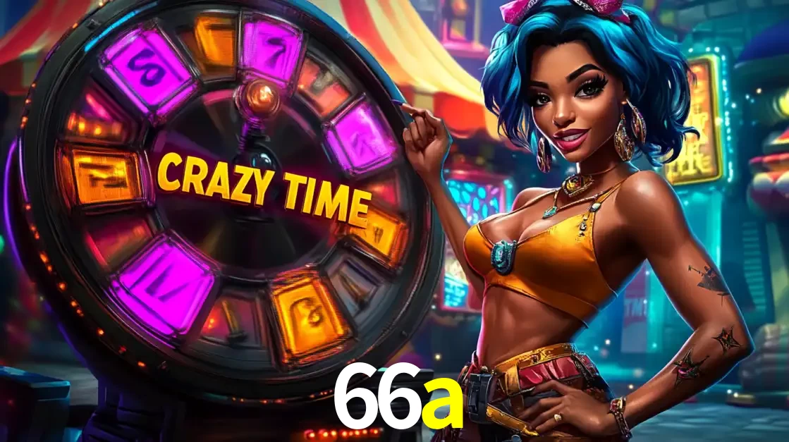 Mulher estilizada com cabelo azul e visual vibrante posando ao lado da roda de prêmios do game show Crazy Time, convidando para a diversão e os bônus do cassino 66a.