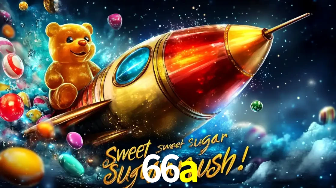 Arte promocional do jogo de slot Sugar Rush, com um urso de pelúcia em um foguete viajando pelo espaço de doces, um dos jogos divertidos disponíveis no cassino 66a.
