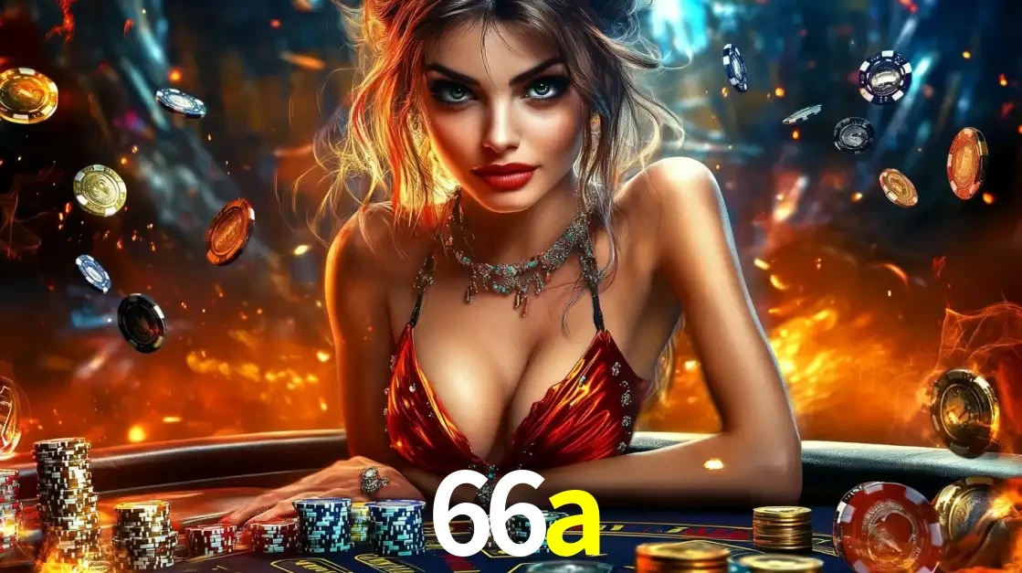 Mulher em uma mesa de cassino com pilhas de fichas e um fundo de fogo, pronta para uma rodada de altas apostas nos jogos de mesa emocionantes do cassino 66a.