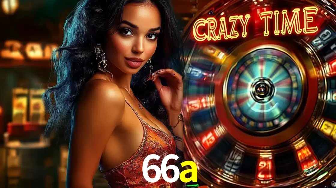 Mulher elegante ao lado da vibrante roda da fortuna do jogo de cassino ao vivo Crazy Time, um dos game shows mais populares e cheios de prêmios do 66a.