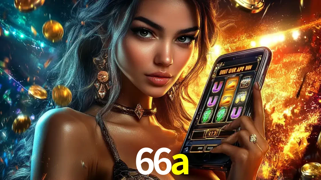 Mulher elegante mostrando um jogo de caça-níqueis em seu smartphone, destacando a experiência de cassino móvel oferecida pelo aplicativo 66a.