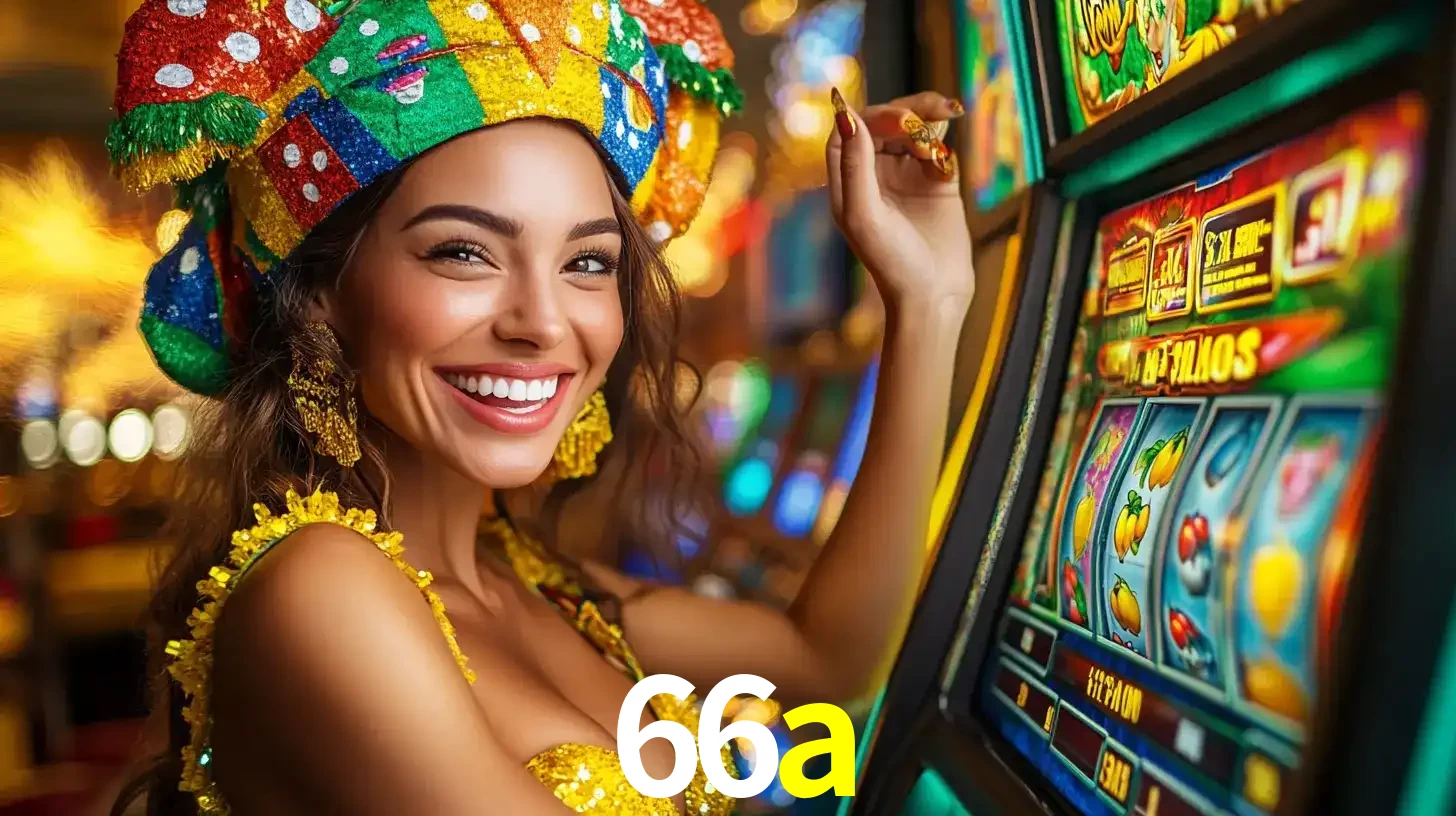 Mulher feliz com traje de carnaval amarelo e colorido ao lado de uma máquina de caça-níqueis, aproveitando a diversão e os jogos temáticos do cassino 66a.