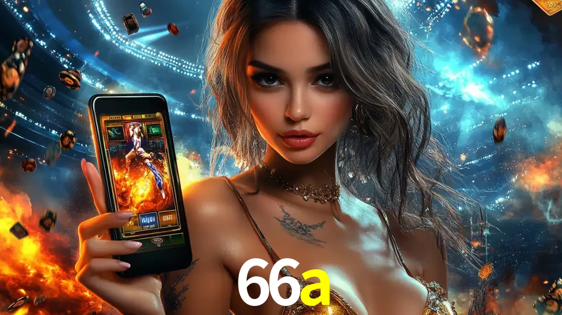 Mulher segurando um celular com um jogo de slot em destaque, tendo como fundo um estádio vibrante, simbolizando a emoção de jogar no cassino móvel 66a.