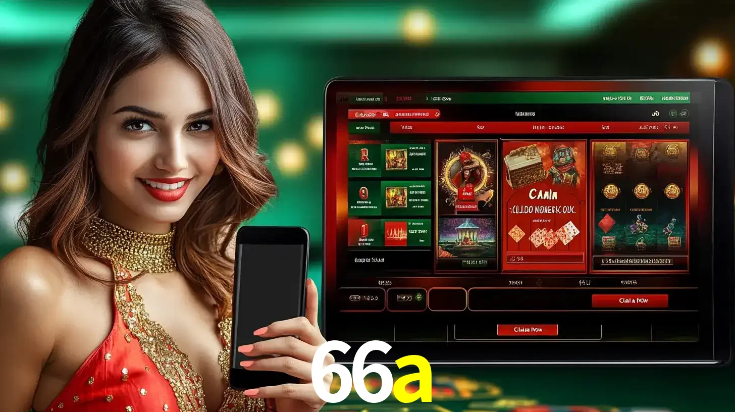 Mulher sorridente segurando um smartphone, ao lado de uma tela exibindo o lobby de jogos do cassino online 66a, com várias opções de jogos de cartas e slots.